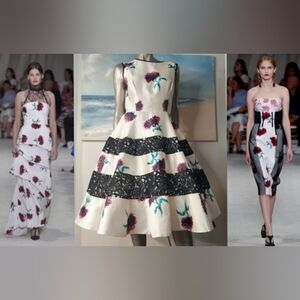 □$4,300 OSCAR DE LA RENTA SILK BLACK WHITE FLORAL RUNWAY DRESS US 10